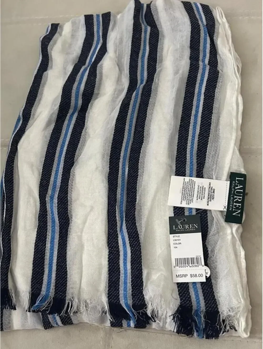 NWT Lauren Ralph Lauren white, black, and blue striped fringe scarf
